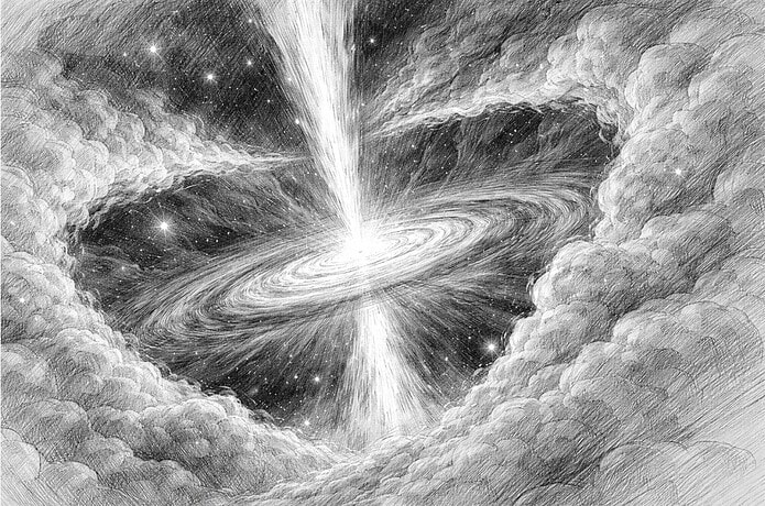 Illustratie van stervorming in een moleculaire gaswolk met protoster, accretieschijf en gasjets in een stervormingsgebied