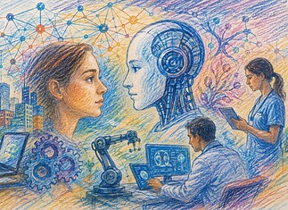 AI tussen technologie, data en samenleving Computerservers en kunstmatige intelligentie verwerken grote hoeveelheden data in een modern datacenter