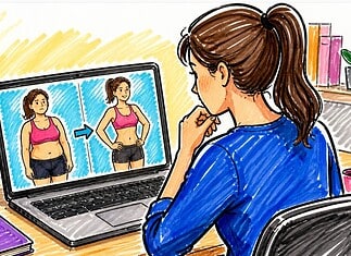 Misleidende afslankclaims herkennen online Advertentie voor afslankproduct met overdreven claims en voor-en-nafoto’s die misleiding en snelle resultaten suggereren