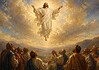 Hemelvaart in de christelijke traditie Christelijke voorstelling van Hemelvaart met Jezus boven zijn leerlingen tegen een lichte hemel tijdens zonsopkomst