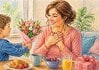Moederdag: geschiedenis, zorg en waardering Kind geeft moeder bloemen en ontbijt tijdens Moederdagviering aan tafel in een warme en huiselijke omgeving