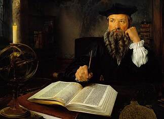 Nostradamus en de oorsprong van zijn profetieën Portret van Nostradamus aan een schrijftafel met astrologische kaarten, boeken en instrumenten uit de renaissance