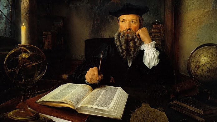 Afbeelding Nostradamus tijdens het schrijven van profetieën Portret van Nostradamus aan een schrijftafel met astrologische kaarten, boeken en instrumenten uit de renaissance