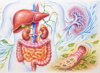 Detox supplementen en natuurlijke ontgifting Illustratie van lever, nieren en darmen die samenwerken bij het verwerken en uitscheiden van afvalstoffen