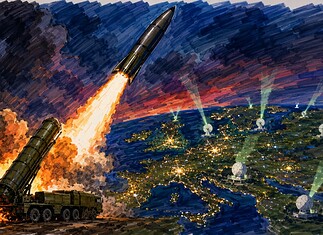 De Oresjnik-raket: techniek, afschrikking en geopolitieke betekenis Oresjnik-raket stijgt op vanaf een mobiele lanceerinstallatie terwijl Europese steden en militaire radarposten oplichten.