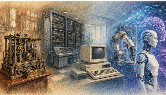 Historische ontwikkeling van mechanische rekenmachines via computers en robots naar kunstmatige intelligentie